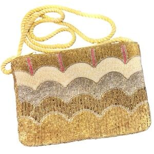 Vintage Beaded Bag Clutch Crossbody Scalloped Pattern Yellow Satin Lining